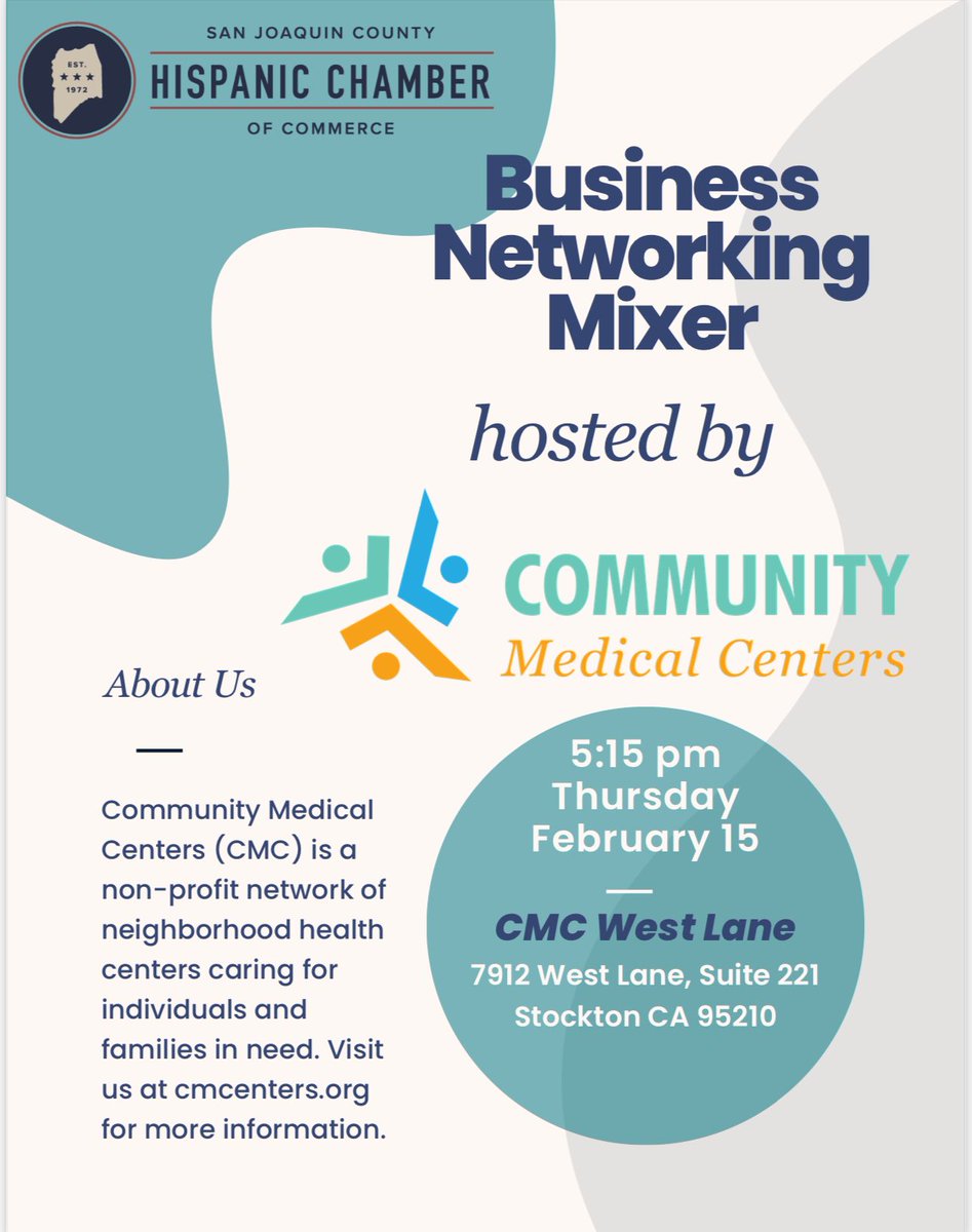 sjchcc's tweet photo. Join us for the February Business After Hours Mixer hosted by Community Medical Centers. 

This event is the perfect opportunity to connect with like-minded professionals and create new business relationships.

Don’t miss this exciting opportunity to network! https://t.co/pms4C98mpm