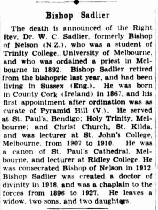 AustAnglican's tweet image. 1 February 1935: death of the Rt Revd William Charles Sadlier, aged 67. He served in NZ as fourth Bishop of Nelson 1912-1934. W. C. Sadlier served in Melbourne as Vicar of Christ Church St Kilda, and elsewhere in Victoria, before consecration. #anglican #89years