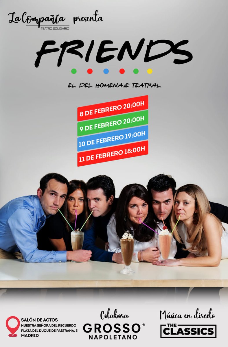 CNSRecuerdo's tweet photo. "La Compañía", grupo de teatro del Recuerdo “amateur” sin ánimo de lucro representa los días 8, 9, 10 y 11 de febrero una adaptación de la serie FRIENDS. ¡Compra tus entradas benéficas!➡️ https://t.co/WXRPd1V3FT. .
Les podéis encontrar en Instagram➡️ https://t.co/3LDfZLKNfo https://t.co/CZQnNOclxR
