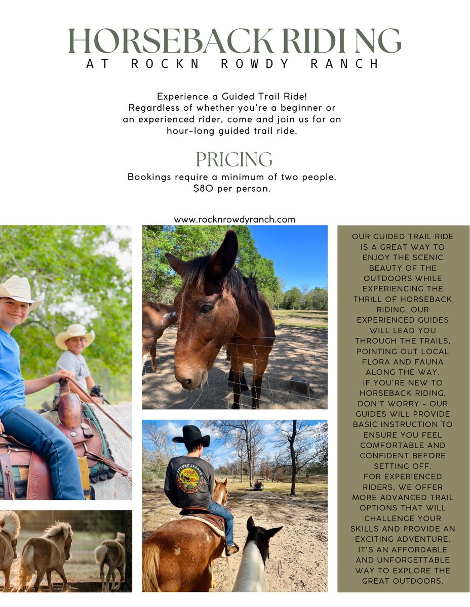 🐎 Saddle up for an unforgettable adventure at Rockn Rowdy Ranch! 🌟 Gather a partner and join us for horseback riding – $80 per person, with a minimum of 2 riders. 🤠🌄 Call us now to schedule your ride and embark on a trail of scenic beauty and equestrian joy!