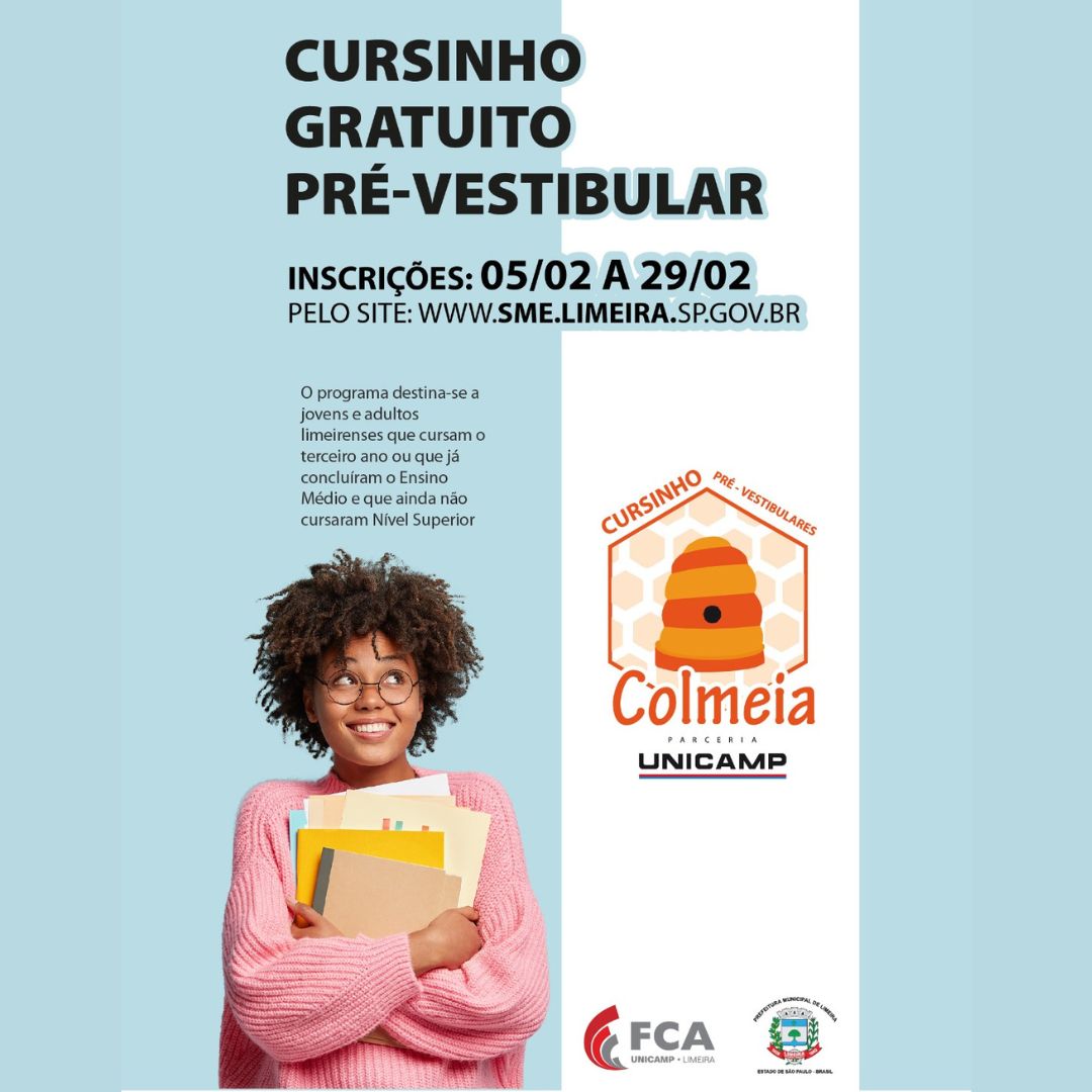 FCAUnicamp's tweet photo. Inscrições abertas para as turmas do primeiro semestre de 2024 a partir da próxima segunda-feira (5). Serão 250 vagas oferecidas presencialmente nos períodos vespertino e noturno. Cursinho gratuito!
Saiba mais aqui:
https://t.co/1fpynOuW9y https://t.co/Lm5RJzSsvm