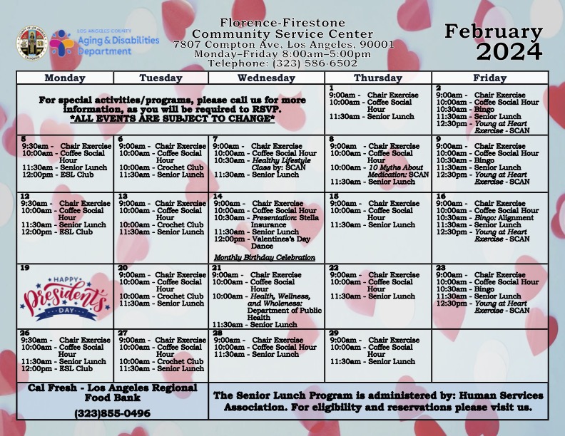 juntosfftogethe's tweet photo. February calendar for the Florence-Firestone Community Service Center https://t.co/kYc17eEwZj
