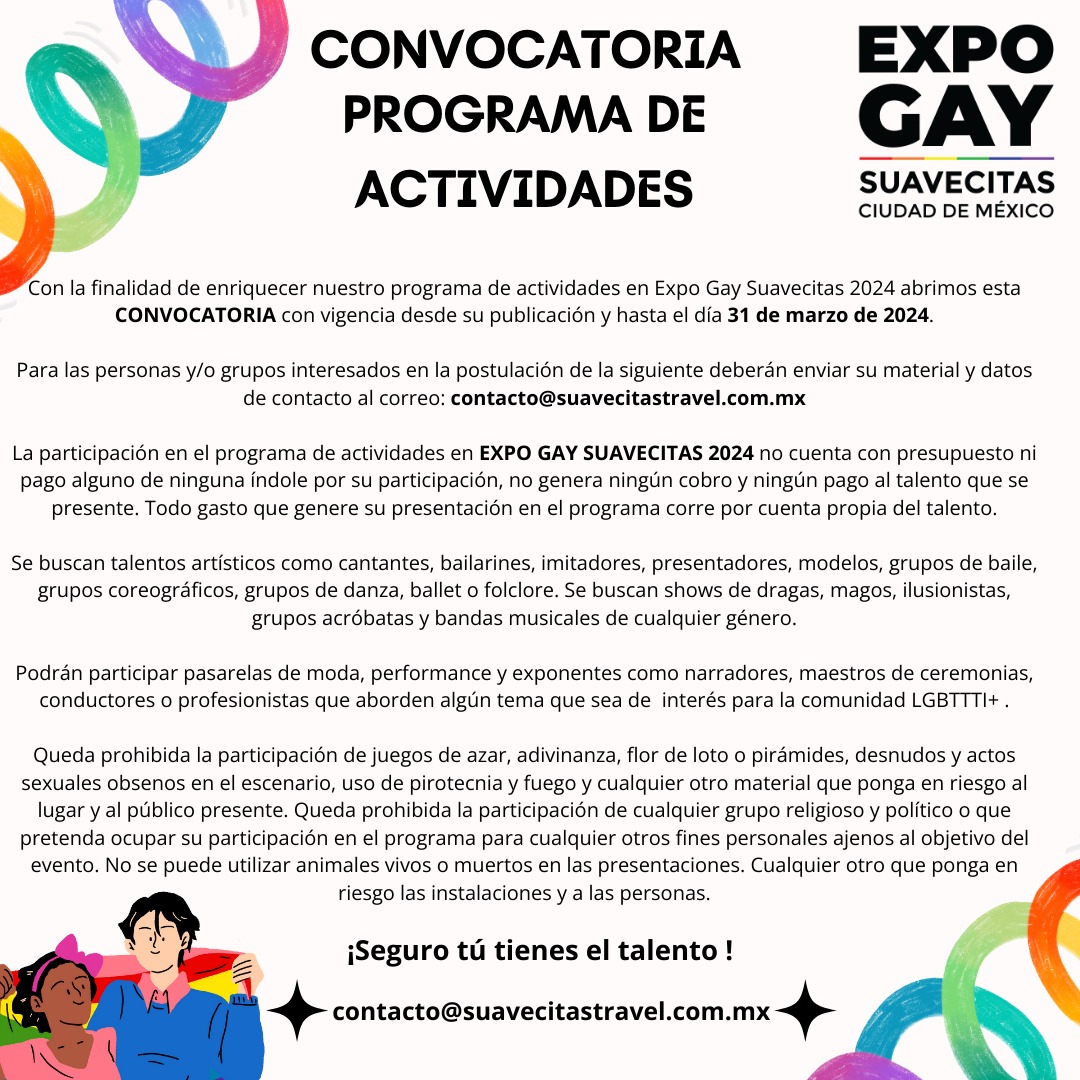 Convocatoria para participar en nuestro programa de Actividades en <a href="/Exposuavecitas/">Expo Gay Suavecitas</a>.