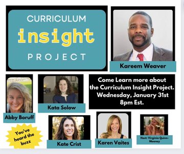 It has been a busy week, hearing from the many folks intrigued by – and cheering – the Curriculum Insight Project. 
#understatements 

Pls join us tonight as we introduce the project. @KJWinEducation @AbbyTeachesDSM @KataSolow @kato_NV @mrsquinnmooney 

us06web.zoom.us/meeting/regist…