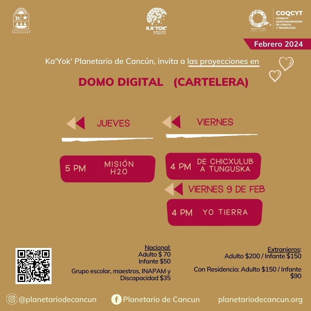 PlanetarioCun's tweet photo. AGENDA FEBRERO 2024, temas: Día de los Humedales, Día Mujer y Niña en la Ciencia, Amores Mitológicos, Luna Enamorada, concierto en domo, Frida Kahlo y más.
https://t.co/RhW8LzbjDO
#KayokContigo
@VivoEnCancun @DesdeElCafeCan @Lizzysa @DonLimon @VisitandoCancun @PorqueAmoCancun https://t.co/bMm7etM99y