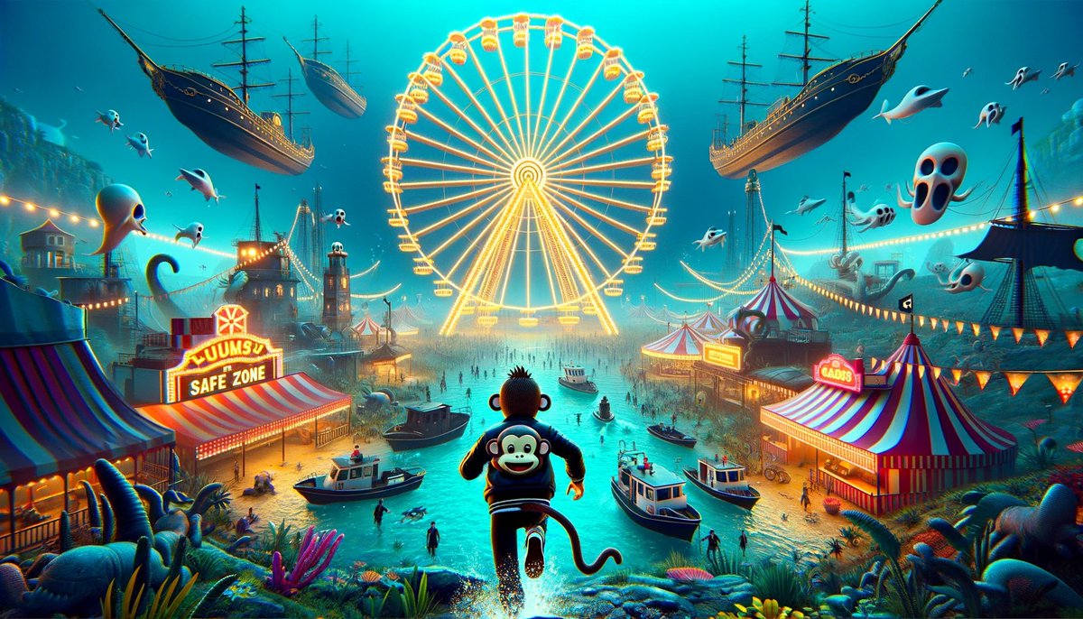ProperFed's tweet photo. In The Safe Zone's glow, Jimmy the Monkey leads a spirited dance under the sea, his joy echoing beside the Ferris wheel's radiance in this underwater revel.

#MonkeyMischief #TheSafeZone @refractionsxyz @muratsayginer https://t.co/rz0KmTZdyT