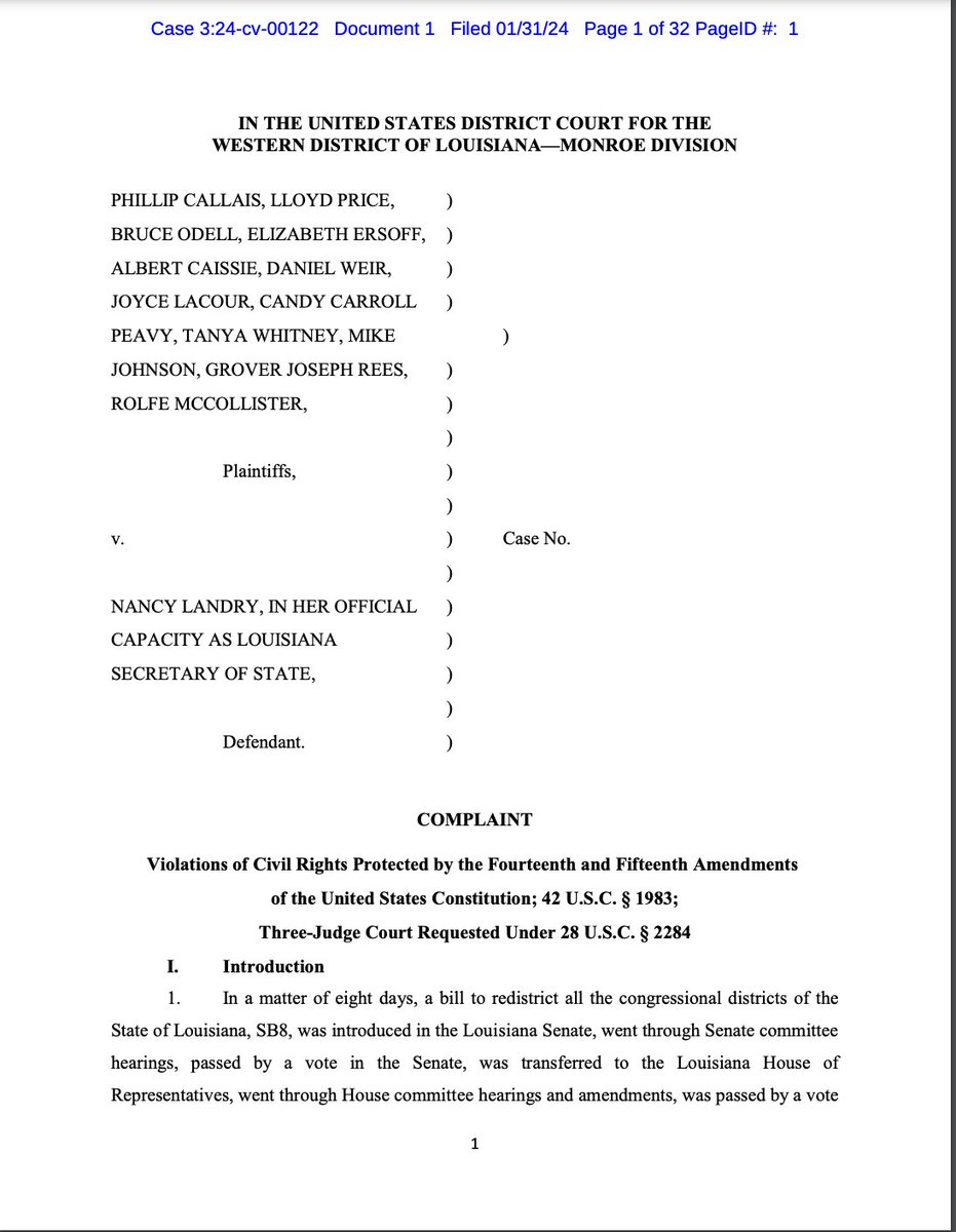 NEW: 12 White voters filed a lawsuit in U.S. District Court for the Western District of Louisiana today arguing the state's new Congressional map is "racially gerrymandered." The Western is considered the most conservative of Louisiana's fed. circuit courts. #lalege #lagov