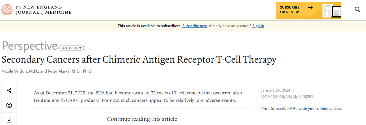 GenScript's tweet photo. Check out “Secondary Cancers after Chimeric Antigen Receptor T-Cell Therapy” recently published in the New England Journal of Medicine Jan 24th 2024.
Read the paper here: https://t.co/jiFtVlDwOu
#CRISPR #HDR #geneandcelltherapy #geneengineering #nonviralgeneediting https://t.co/Vs6ispqy95