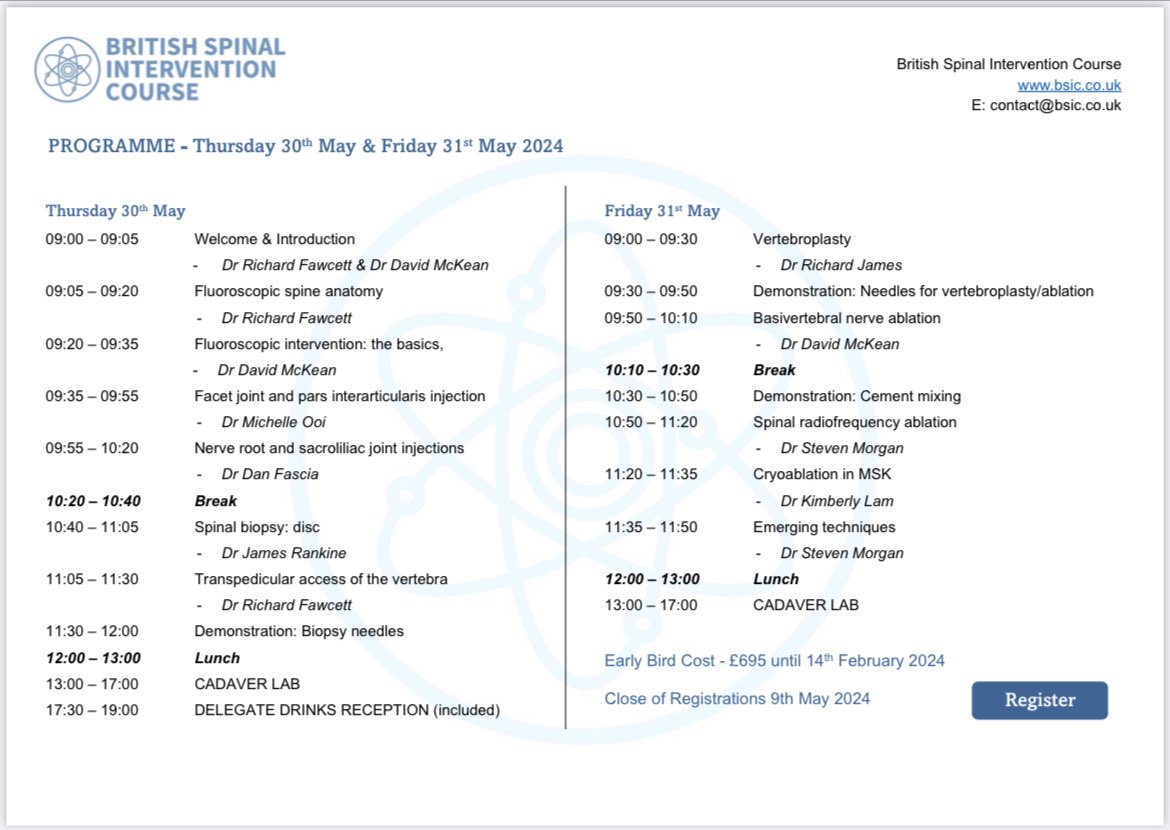 Limited places left for British Spinal Intervention Course (BSIC), Leeds, May 30th-31st, 2024. 

Cadaveric course with lectures &amp; hands on teaching on spinal injections, vertebroplasty, RF ablation, cryoablation &amp; basivertebral nerve ablation techniques! 

leedsmsk.co.uk/pages/british-…