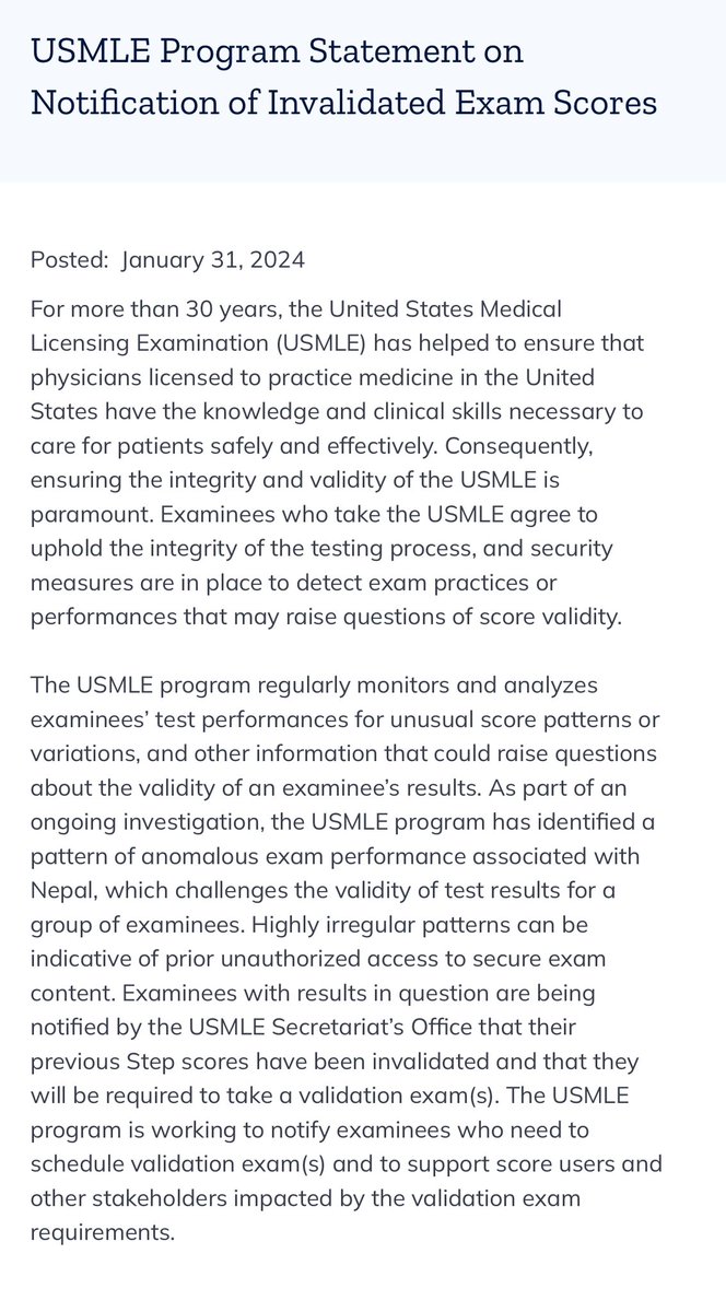 Over the past few months I heard from two separate groups with concerns about USMLE cheating in Nepal. Glad to see the USMLE taking action.