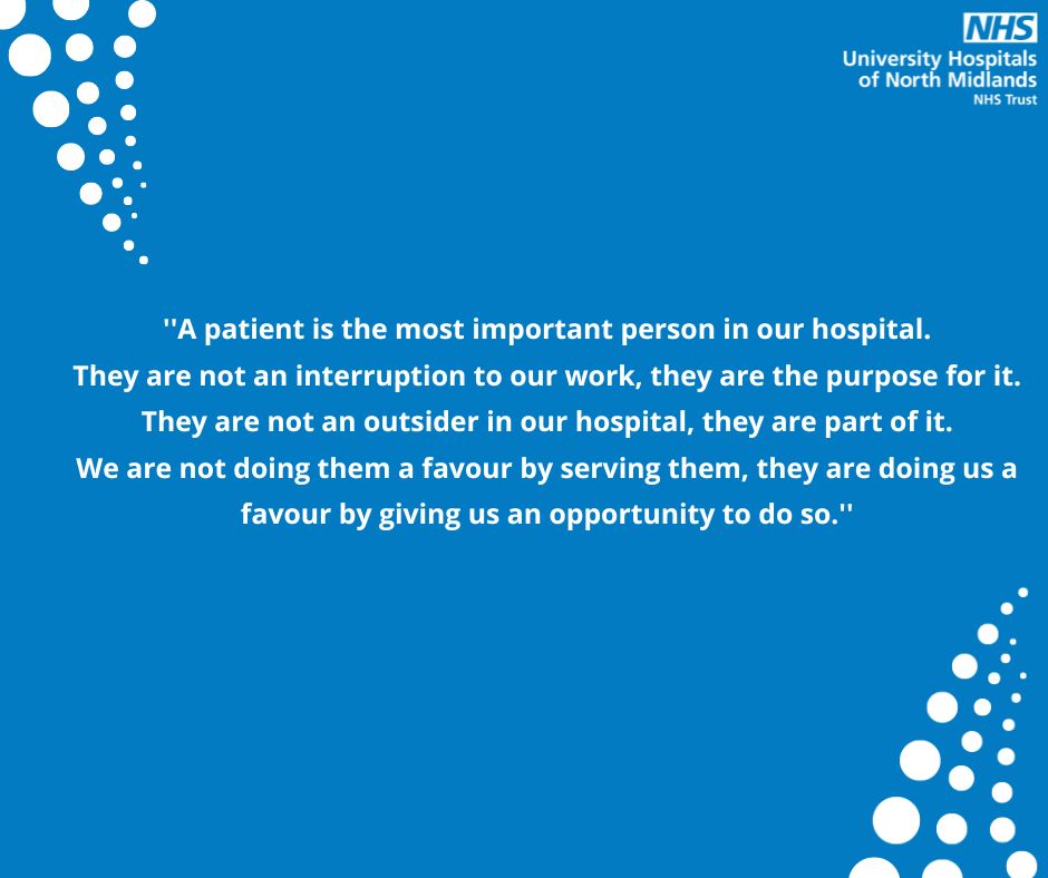 This quote about our patients is displayed on our walls at both of our hospital sites, Royal Stoke and County to remind us why we work at UHNM💙

#5reasonstojoinUHNM #Ourpatients⭐️