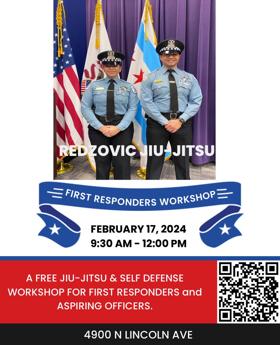 JoinChicagoPD's tweet photo. 🚨Join us at Redzovic Jiu Jitsu Chicago Self-Defense Academy for their Free First Responders Jiu-Jitsu & Self Defense workshop‼️🗓️ Saturday, FEBRUARY 17, 2024⏰ 9:30 AM-12:00 PM Open to First Responders & Aspiring First Responders 👮🏼🚔🔥🚒🧯🚑👩🏻⚕️#selfedefense #jiujitsu https://t.co/9oLNferW1u