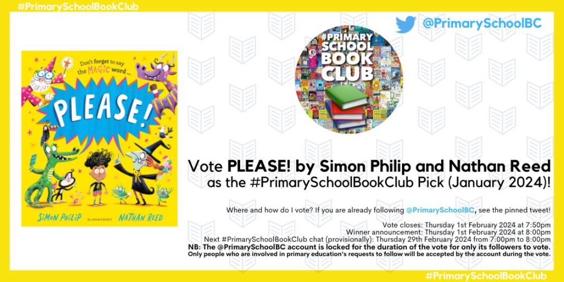 Please vote for PLEASE! Thrilled my latest book with @siphilipstories & @KidsBloomsbury has been included in the #PrimarySchoolBookClub January 2024 vote this evening. Head to @PrimarySchoolBC and vote for it using the pinned tweet!