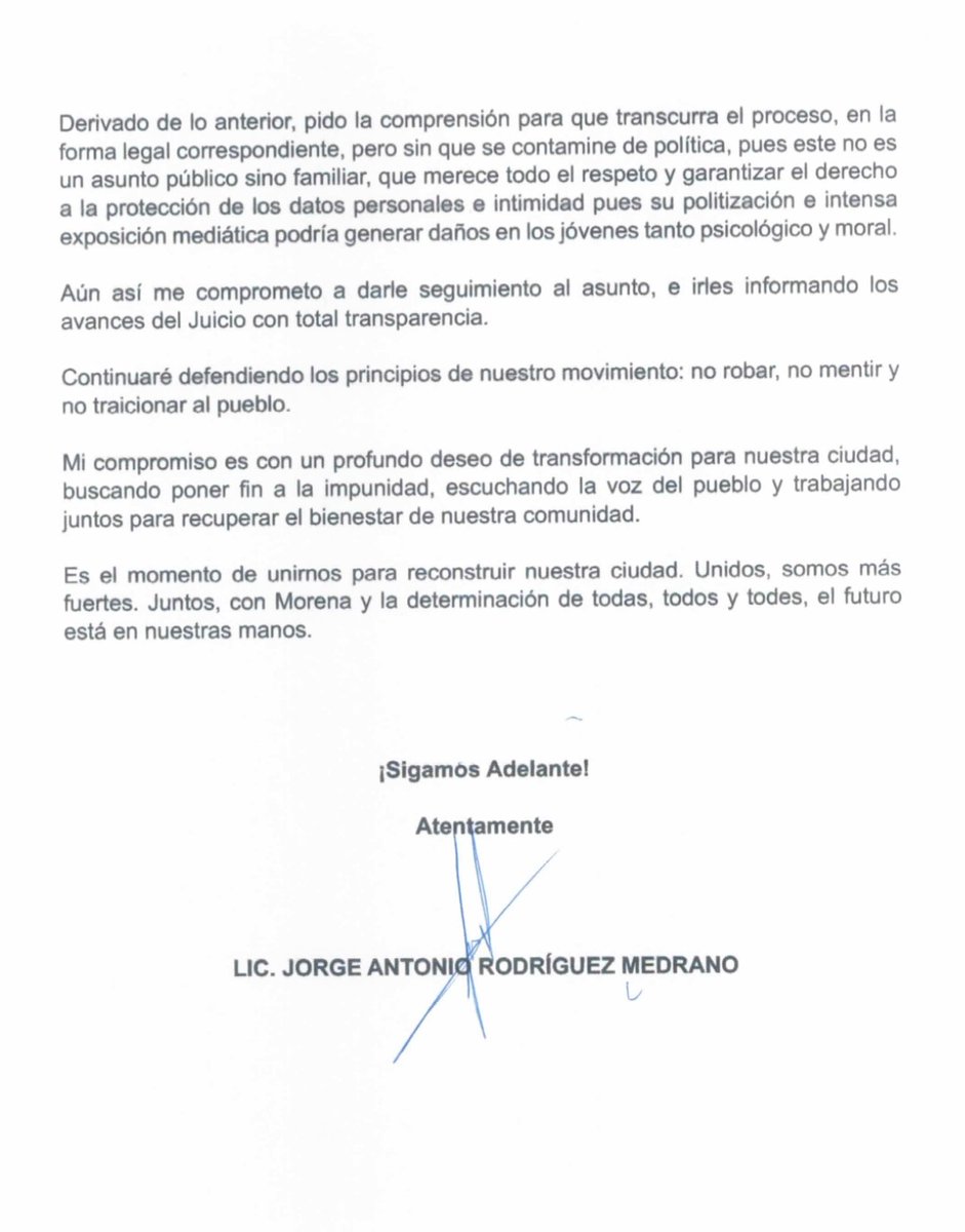 Clásica de los delincuentes #DeudoresAlimentarios que salen con su comunicado diciendo que "todo por la vía legal" mientras lleva DOS AÑOS sin apersonarse a hacerse un ADN que resuelve el asunto. Así de cínico es Jorge Antonio Rodríguez Medrano. Lean ustedes, le vamos a contestar