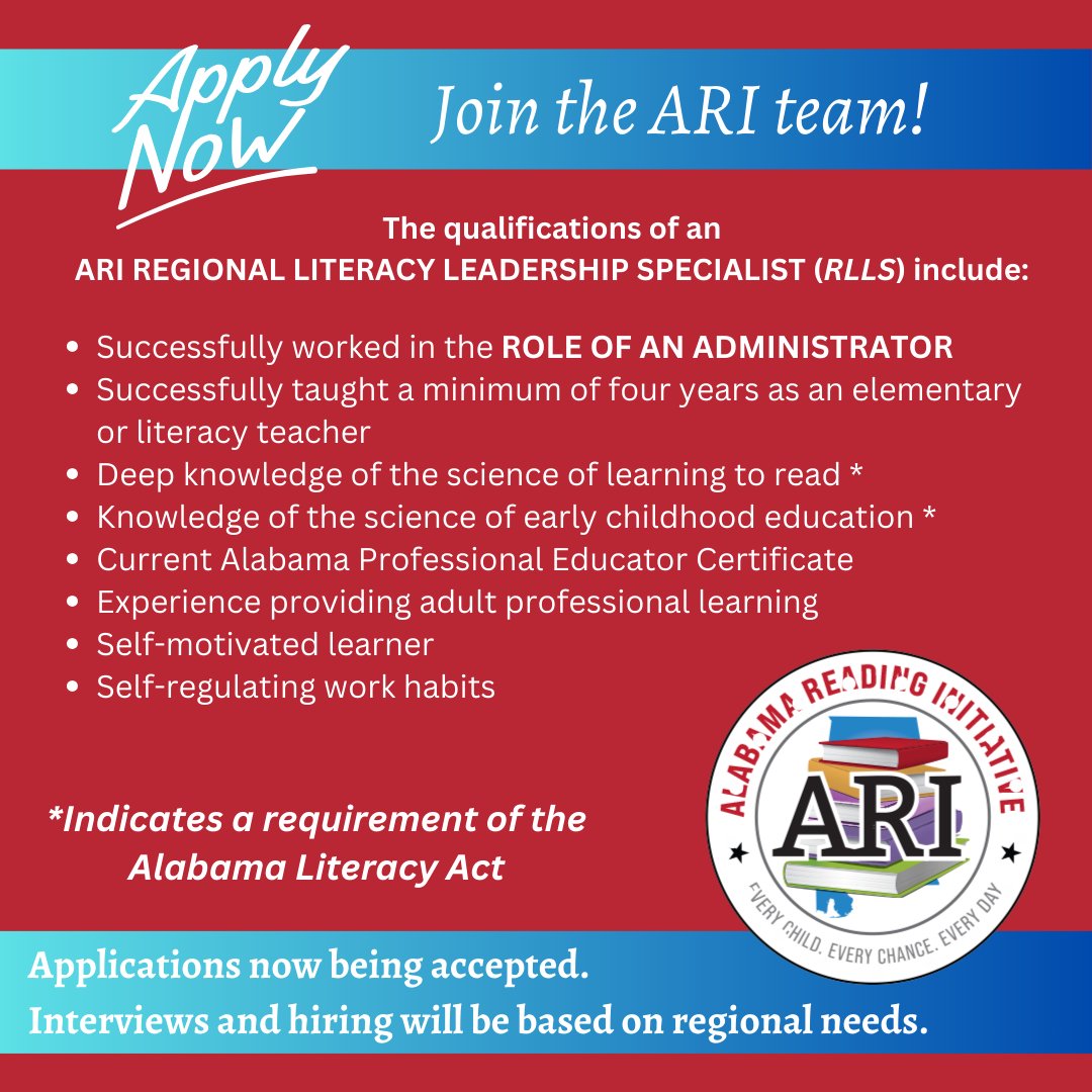 📣Join the ARI team!

📚The following is the application to apply for regional work as a Regional Literacy Specialist or a Regional Literacy Leadership Specialist. This application will be open until all positions are filled. Positions begin July 1, 2024.
 forms.office.com/r/iw04NEQ0U7