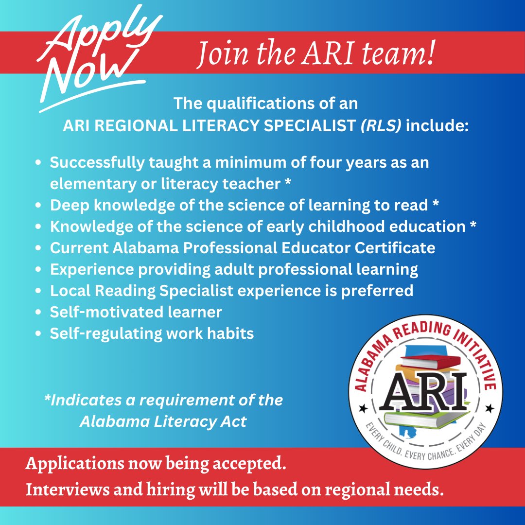 Alabama_Reading's tweet photo. 📣Join the ARI team!

📚The following is the application to apply for regional work as a Regional Literacy Specialist or a Regional Literacy Leadership Specialist. This application will be open until all positions are filled. Positions begin July 1, 2024.
 https://t.co/4r0nokg3Ds https://t.co/BWjEAY74mE