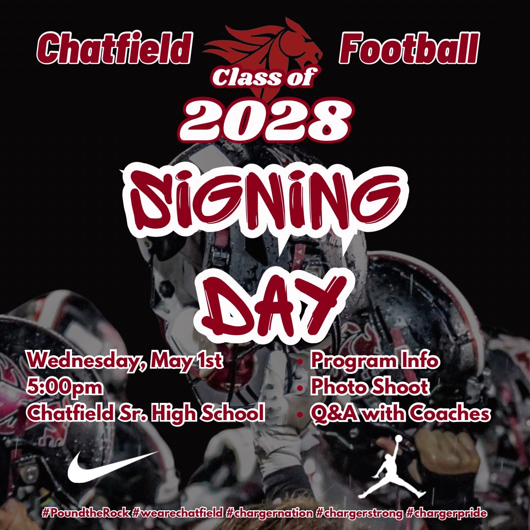 🚨🚨Attention all incoming freshman!  You are invited to “Signing Day” at CSH on Wednesday May 1st!

Check out your new uniforms, meet your future teammates and coaches!

See you then!!🚨🚨

#PoundtheRock🪨🔨 #wearechatfield #chargernation #chargerstrong #chargerpride 🏈🐎