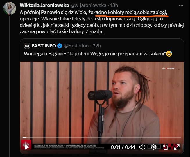 sawardega's tweet photo. Wczoraj zadano mi pytanie, czy Agata Fąk ma szanse zostać moją ulubioną aktorką filmów dla dorosłych. Odpowiedziałem, w żartobliwy sposób, że preferuję inny rodzaj kobiecego ciała (dokładna wypowiedź na screenie).

Nie powiedziałem, że jej rodzaj ciała jest zły, że nie ma prawa nikomu się podobać. Powiedziałem, że ja lubię w kobietach coś innego. Na twitterze wrzawa, wiele kobiet mnie krytykuje za moją wypowiedź np. @w_jaroniewska czy @senekofobia.

Czy nie mam prawa mieć własnych preferencji? Rozumiem, że oburzyło Was moje żartobliwe słownictwo. Twierdzicie, że przez mój żart kobiety mogą czuć się urażone i będą teraz chodziły na operacje plastyczne.

Czemu teraz wrzeszczycie na twitterze a gdy to fagata obraża ludzi nazywając "karłami" to milczycie? No tak... bo przecież facetów można gnoić i obrażać, przecież mężczyzn nie da się wpędzić w kompleksy. Skoro walczymy o równouprawnienie to dlaczego podnosicie głos tylko gdy ktoś wypowiada się o wyglądzie dziewczyn natomiast gdy sprawa dotyczy chłopaków to milczycie?

Bądźmy sprawiedliwi. Mój tekst o Fagacie jest pokłosiem jej licznych pomówień oraz wpisów  krytykujących mój wygląd.

Co do tego, że wpędze kogoś w operacje plastyczne... to wielokrotnie powtarzałem jej, że lepiej wyglądała gdy była naturalna... taki mój gust.

Mam jednak jeszcze jedno przemyślenie. Mimo, że dziewczyna tak często mnie obraża powinienem być mądrzejszy. Strategia ząb za ząb doprowadzi tylko do pogłębiania konfliktu a trzeba pamiętać, że naszymi odbiorcami są także młode osoby, które dopiero budują swoją pewność siebie i takie wypowiedzi nie pomagają.

Według mnie każdy rodzaj ciała czy to kobiecego czy męskiego jest OK. Jeden lubi wysokie, inny niskie, jeden lubi duże piersi, a ja np. lubię mniejsze. Jeden lubi elfy, inny krasnoludów. Każdy w tym ja ma prawo do preferencji. 
Jeśli mam być szczery to Fagacie najmniej podoba mi się jej umysł i mam prawo do takiej opinii.