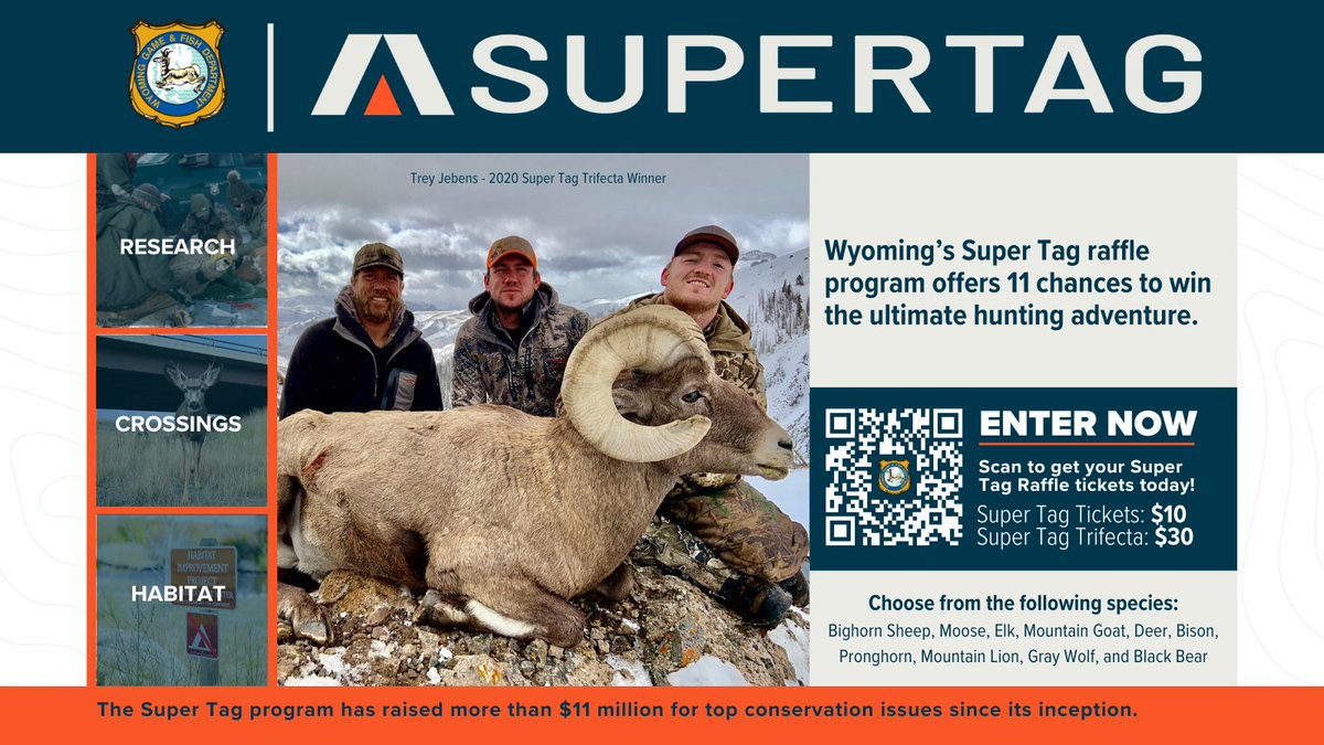 Hunters - today is the final day to get Super Tag tickets for this year's raffle. Raffle winners will be announced on Feb. 15. Tickets can only be purchased on the Wyoming Game and Fish Department’s website: bit.ly/49dP8FR