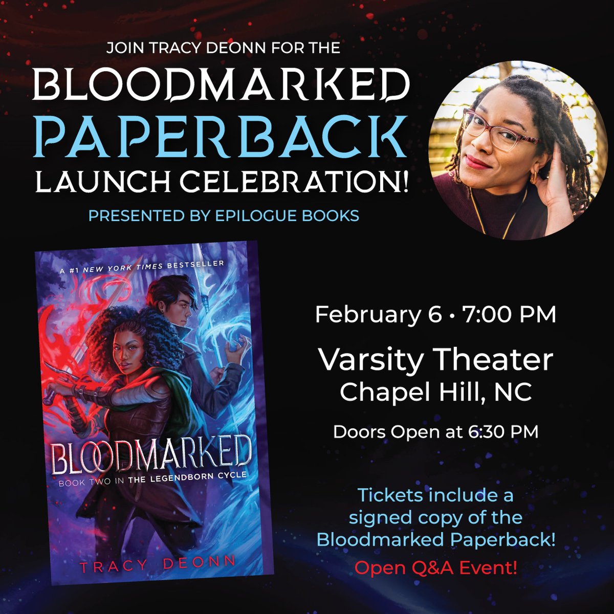 Join me for the Bloodmarked Paperback launch celebration! @epiloguebooksch is hosting me for an open Q&A! Bring yer burning questions!🤩 epiloguebookcafe.com/product/bloodm… ✨ Next Tuesday, Feb 6 ✨ 7 PM (Doors open 6:30 PM!) ✨ Varsity Theater, Chapel Hill, NC