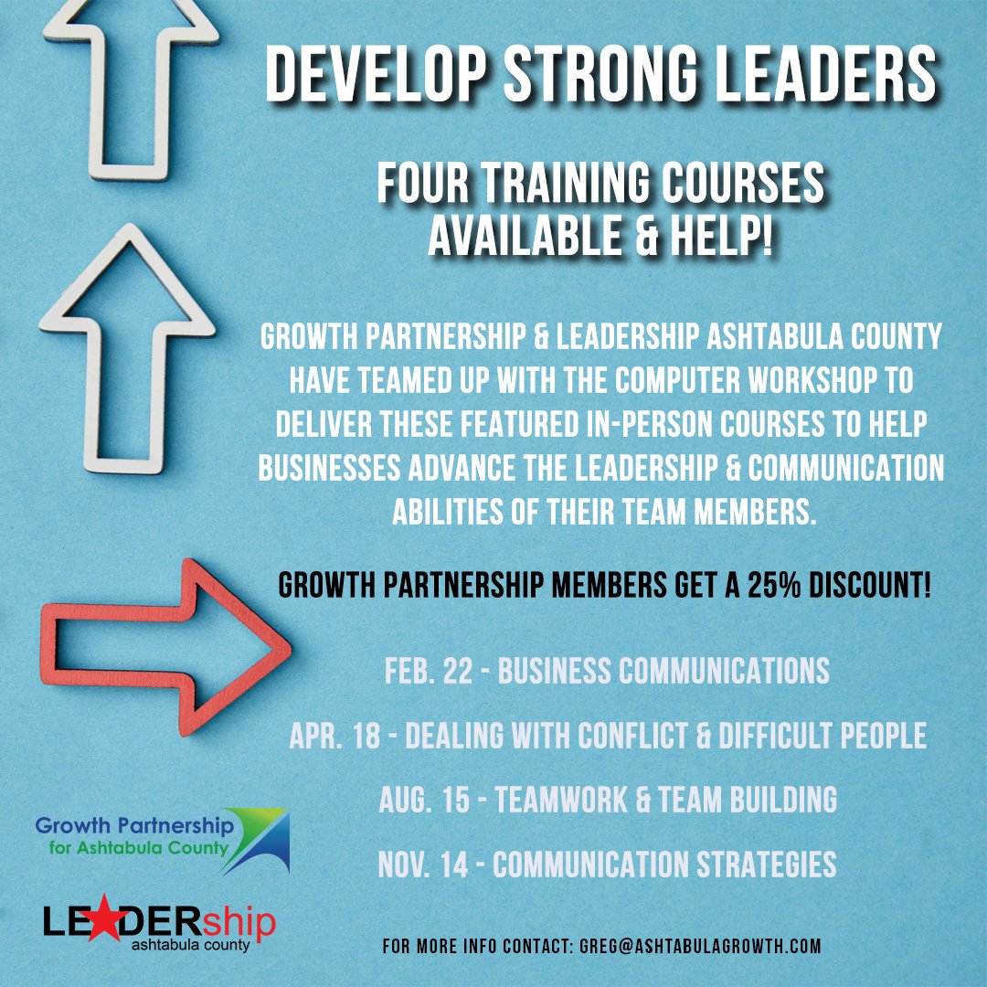 Are you looking to develop strong leaders within your organization? Of course, you are. 

Click here ➡️ shorturl.at/vwV24 for complete info!

Please contact Greg Myers if you have any questions.
greg@ashtabulagrowth.com
Ofc.: 440.576.9126
Cell:  216.407.7025