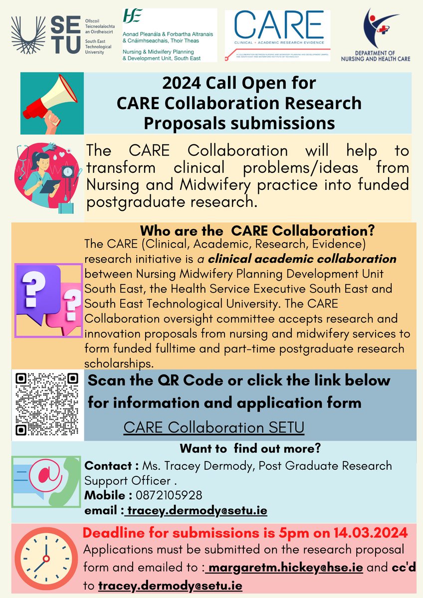 Its that time of year again....Care Callaboration Research..get your proposals in...for more information ⏬️ wit.ie/schools/health…