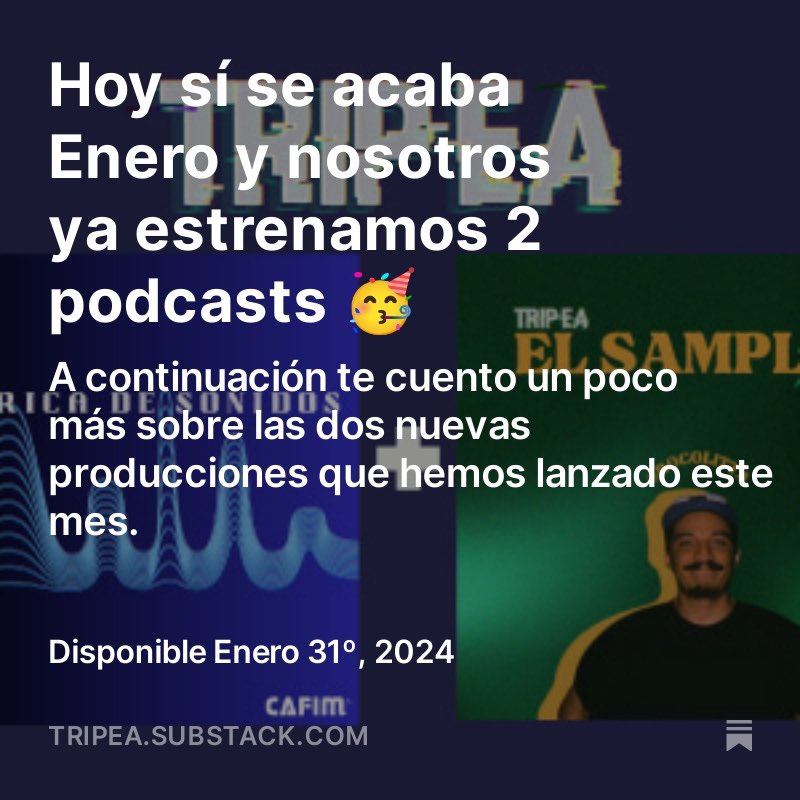 Prometo que hoy sí se acaba #Enero pero no sin antes compartirte la historia de #FábricadeSonidos y #ElSampler, nuestras nuevas producciones de este 2024 🤩 <a href="/tripea_ec/">TRIPEA®</a> 

Gracias por compartir para que lleguemos a más personas 🫶🏻

open.substack.com/pub/tripea/p/h…
