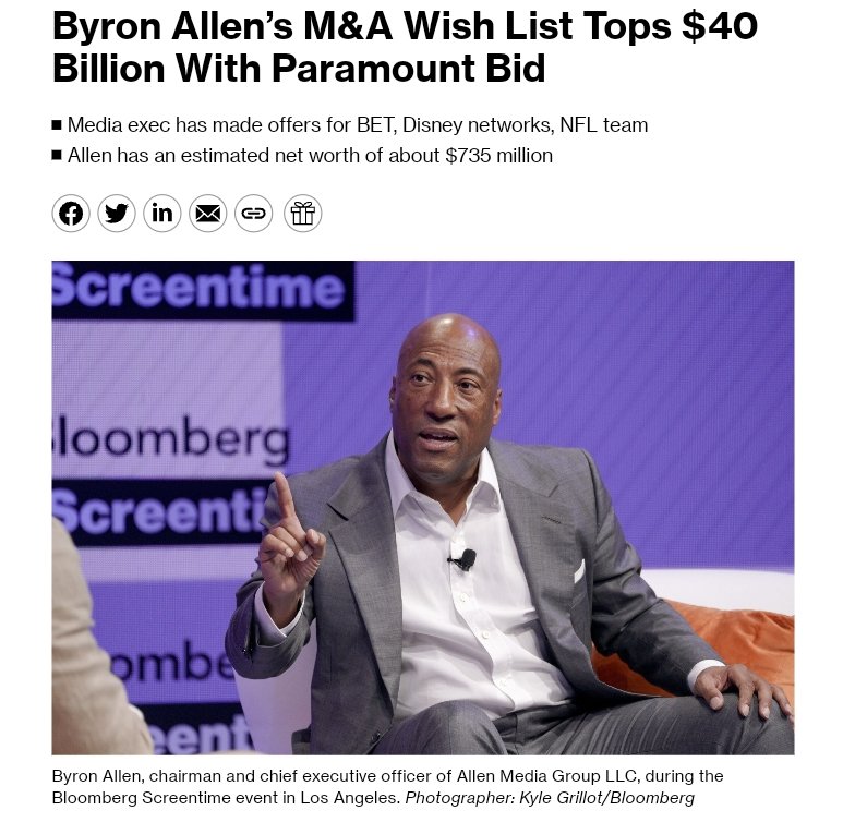 My_Stock_Life's tweet photo. (Bloomberg) -- Byron Allen’s offer to buy Paramount Global is the media executive’s biggest takeover bid yet, leading a $40 billion-plus list of potential targets that’s spanned entertainment networks to National Football League teams. 

If successful, it’d be a rare triumph among his headline-grabbing attempts at big mergers and acquisitions, many of which have been thwarted by deep-pocketed counter bidders or regulatory hurdles. 

Allen on Tuesday confirmed he’d made a $14.3 billion proposal to buy the outstanding shares of Paramount. Including debt, the deal could be valued at about $30 billion. In a letter he sent to Paramount that was reviewed by Bloomberg News, Allen said he would finance the offer with a combination of secured and unsecured senior debt and equity.

Allen, a former stand-up comic turned media mogul, has a net worth of about $735 million, according to Bloomberg estimates. While Allen’s ownership of his company accounts for the bulk of his net worth, he also has tens of millions of dollars in personal properties, cash and liquid investments, the estimates show.

$PARA $PARAA
#Paramount #Paramountplus