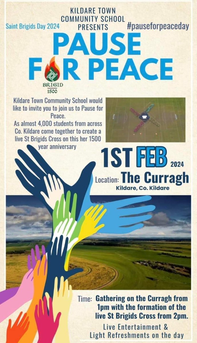Amazing event planned to mark St.Brigid's  Day and to pause for peace tomorrow on The Curragh involving the whole school community and many other schools across the county and neighbouring ones. #pauseforpeace #stbrigidsday