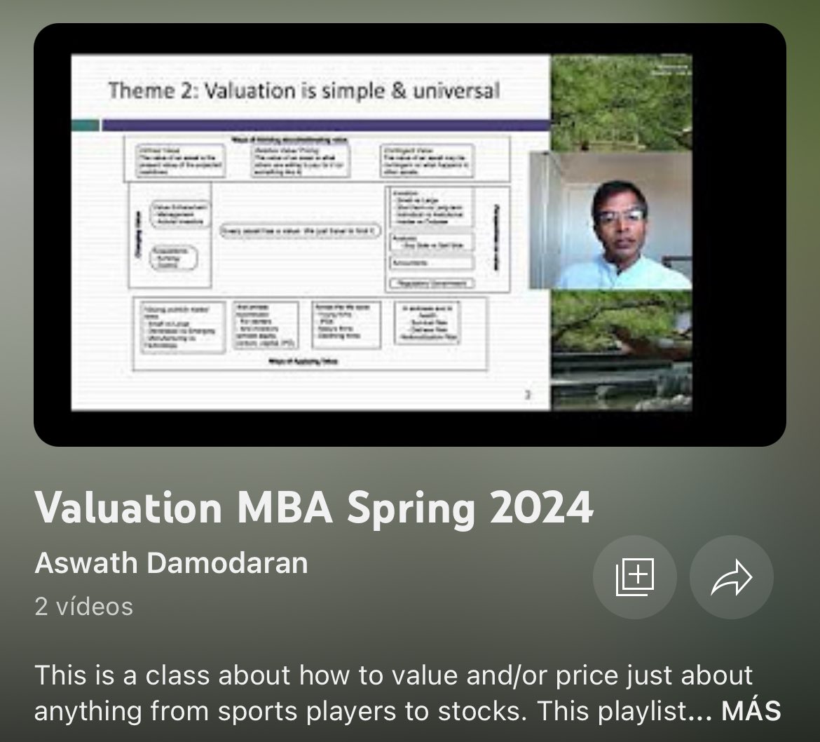 🔥 Aswath Damodaran, uno de los grandes maestros de la valoración financiera, acaba de crear una playlist GRATUITA en YouTube en la que publicará todas sus clases impartidas (26) en la Universidad de Stern

📂 La primera sesión ya está subida y te la dejo en el siguiente twit