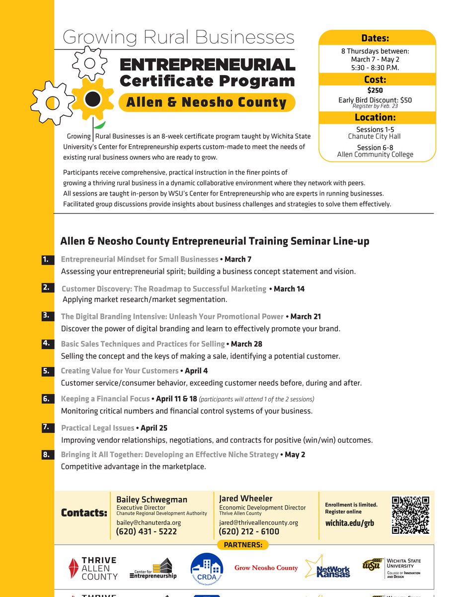 Growing Rural Businesses is an 8-week certificate program taught by experts from WSU's Center for Entrepreneurship, and it is custom-made to meet the needs of rural business owners who are ready to grow. And, it is coming to SE Kansas starting March 7th! wichita.edu/grb