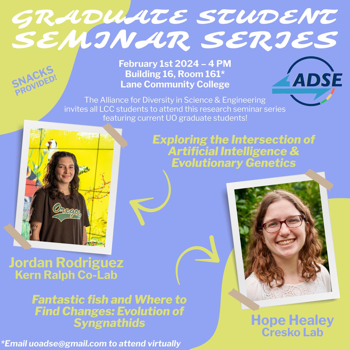 Hey @LaneTitans we’re back! Grad Student Seminars return tomorrow with Jordan and Hope telling us all about evolutionary biology! Join @uoadse this Thursday for a slice of ‘za and to listen to some cool science!