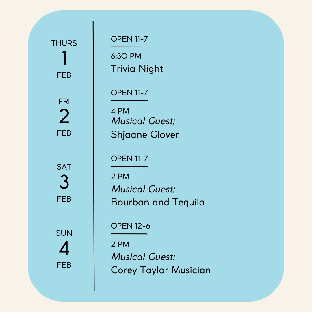 Kick off February at the Tap Room! We're starting the month off with Trivia Night on Thursday Night. Jam out to tunes by Shjaane Glover on Friday, an amazing performance from Bourban and Tequila on Saturday, and Corey Taylor Music on Sunday Night. See you there! 🍻 #SideLaunch