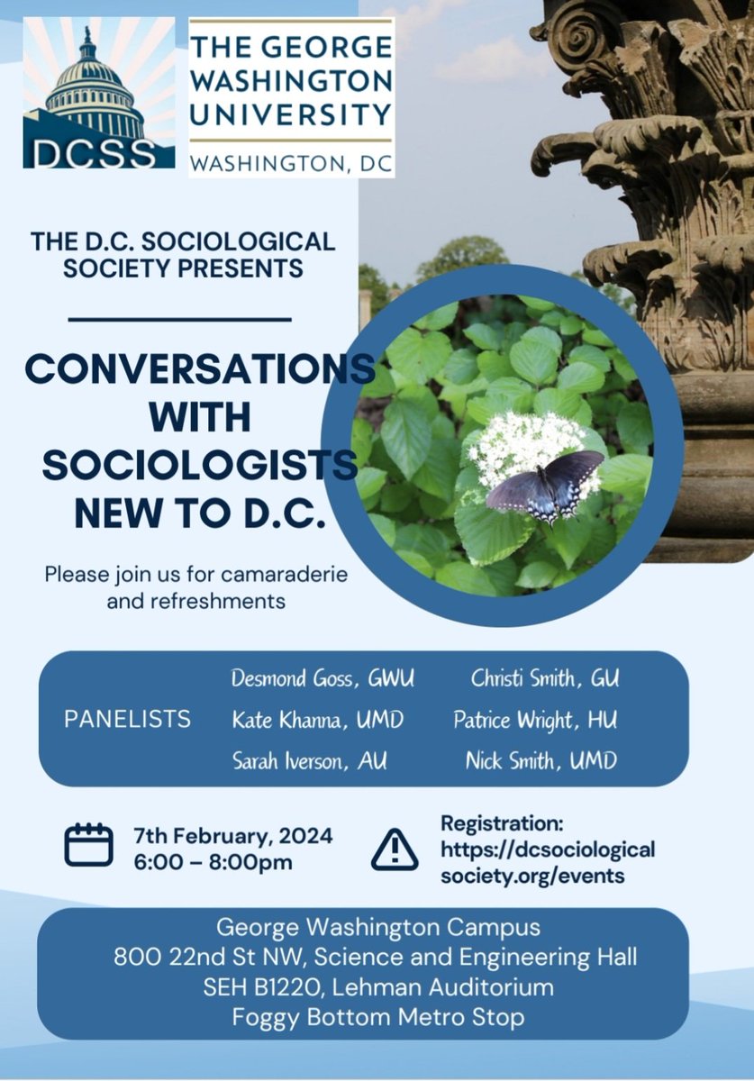 We invite you to join us on Wednesday, February 7th at 6 pm for a @DCSociSociety Conversation with New Sociologists. If you plan on attending, please RSVP at this link: dcsociologicalsociety.org/event-5515881/… We hope to see you all there!