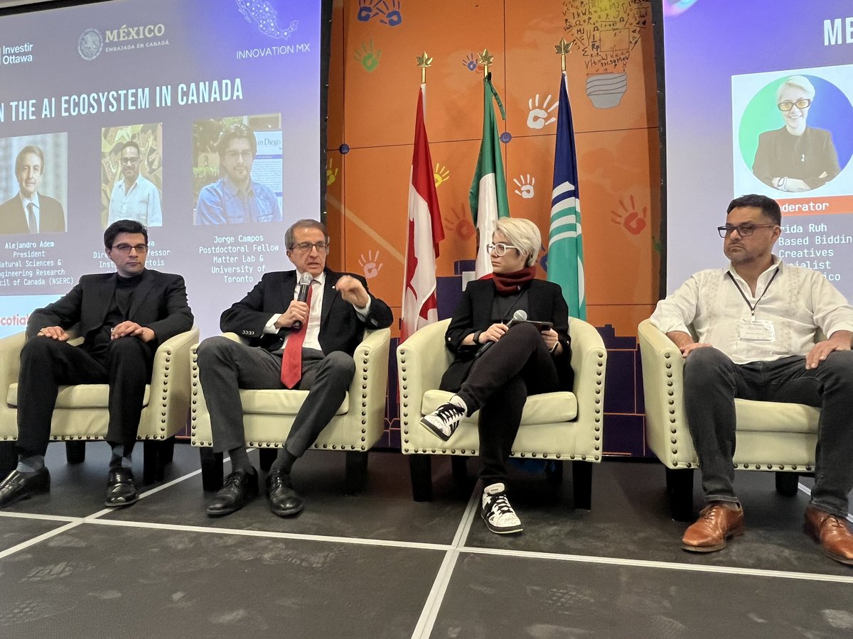 EmbaMexCan's tweet photo. @_MarkSutcliffe @sshorey @ottawacity @MannLawyers @MitacsCanada @claudiamdelpozo @EonInstitute @Spoonity1 @AlfonsoPompaP @NSERC_CRSNG @alejandroadem @UMontreal @FridaRuh @googlemexico @CAGlobalAffairs @CANIETI @uOttawa And now we welcome Prof.  @alejandroadem @NSERC_CRSNG prof. Carlos Silva from @UMontreal,  Dr. Jorge Campos from #MatterLab at the Univeristy of Toronto, and our moderator @FridaRuh #AItheNewSexy for the panel “Mexicans in the AI Ecosystem in Canada 🍁” https://t.co/lUxQffXZOQ
