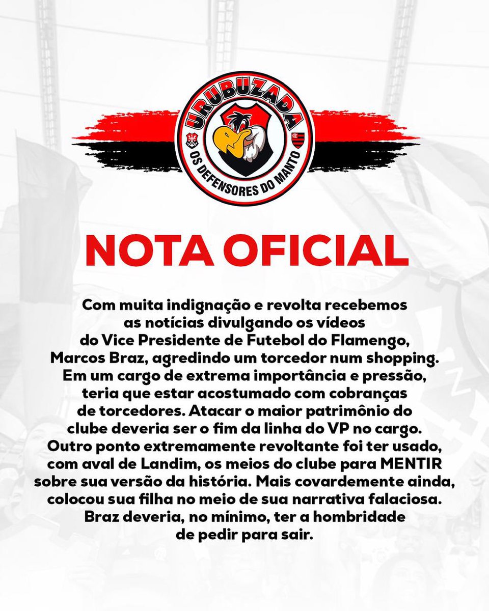 *NOTA OFICIAL* 

Com muita indignação e revolta recebemos as notícias divulgando os vídeos do Vice Presidente de Futebol do Flamengo, Marcos Braz, agredindo um torcedor num shopping. Em um cargo de extrema importância e pressão, teria que estar acostumado com cobranças de