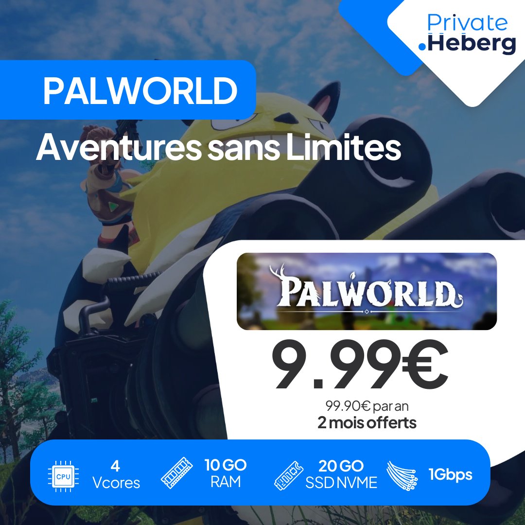 PrivateHebergFR's tweet photo. 🌟✨ C'est officiel! Private Heberg vous ouvre les portes de Palworld à partir de seulement 9.99€! 🎉🎮 Rejoignez cette aventure épique, où chaque coin de monde regorge de mystères et d'amis incroyables. 🐾🌈

https://t.co/fpUTdpLep7
🌍 #Palworld #PrivateHeberg #AventureUnique https://t.co/FvqoyV00YW