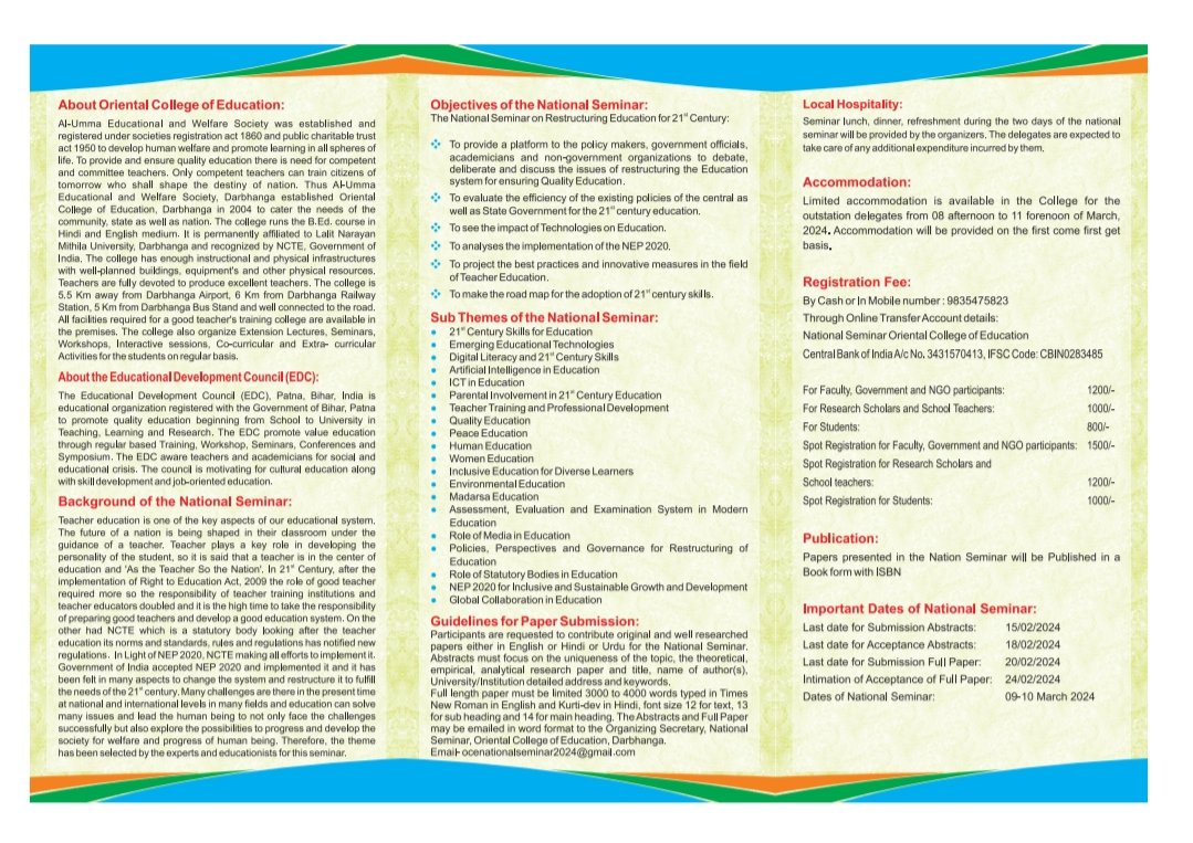 OCEIndia2004's tweet photo. Respected Educationists,
Oriental College of Education, Darbhanga is going to organise Two Days National Seminar on "Restructuring Education for 21st Century" on dated 09th and 10th March 2024.
Please send the paper and Share the information to others also.
#NationalSeminar2024 https://t.co/GHg6mrKbLa