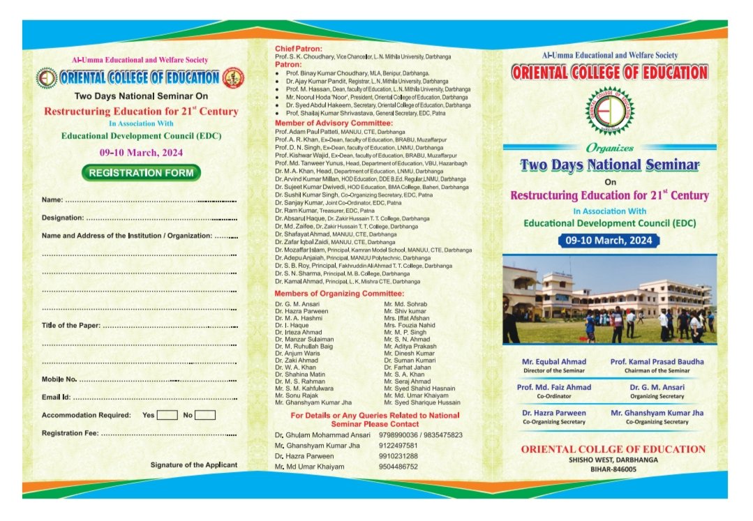 OCEIndia2004's tweet photo. Respected Educationists,
Oriental College of Education, Darbhanga is going to organise Two Days National Seminar on "Restructuring Education for 21st Century" on dated 09th and 10th March 2024.
Please send the paper and Share the information to others also.
#NationalSeminar2024 https://t.co/GHg6mrKbLa
