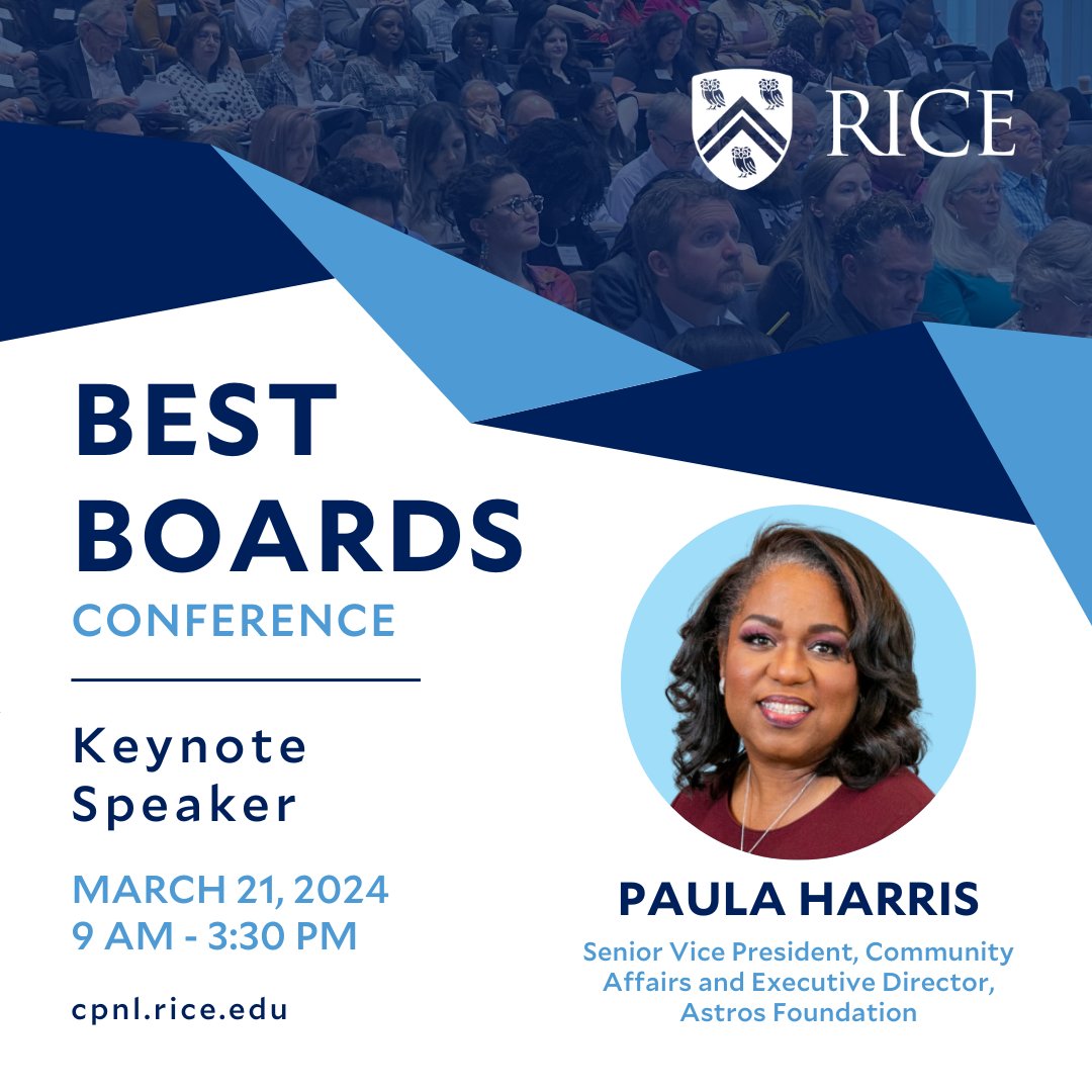 The Best Boards Conference hosted by the Center for Philanthropy & Nonprofit Leadership is back at @RiceUniversity on 3/21. Delve into nonprofit governance with experts and hear from our Keynote Speaker, Paula Harris. Register today! bit.ly/4b5tghB #nonprofitleaders