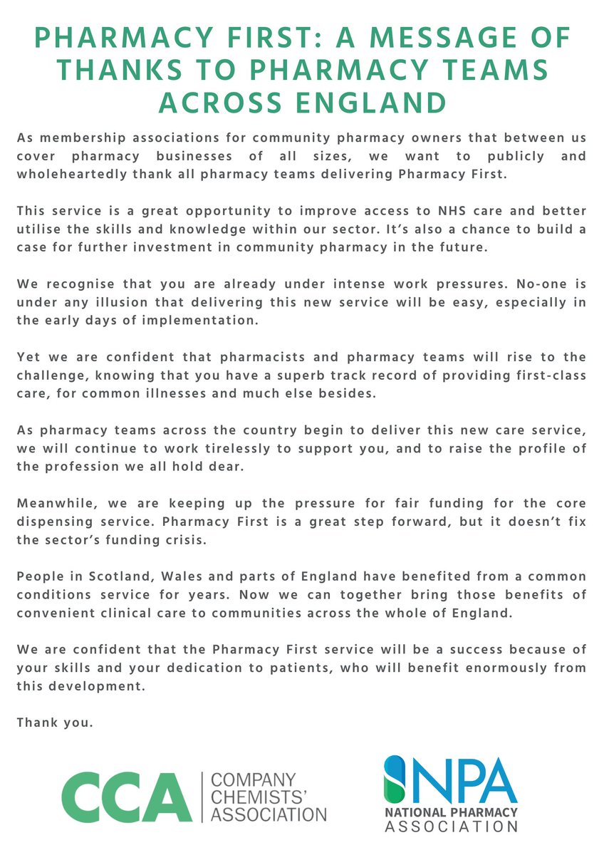 Following the launch of #PharmacyFirst, we've issued an open letter alongside the <a href="/NPA1921/">National Pharmacy Association</a> voicing our thanks to pharmacy teams across England