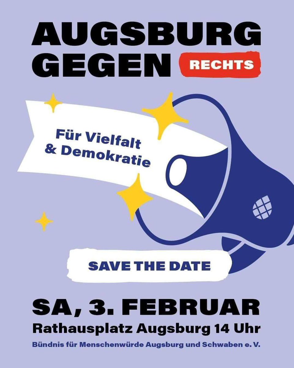Pflichttermin am Samstag, 3.2.24 in Augsburg! Gemeinsam für unsere Demokratie und gegen Hass und Hetze der AfD…die sowas von blank ist! Ich bin dabei! Sehen wir uns?