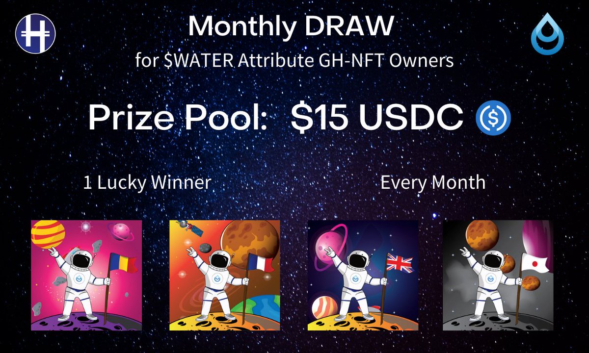 HodlTokenClub's tweet image. 📢 Monthly Draw 🚨

The draw is about to begin, first we will take a snapshot to capture all eligible players.
To be eligible you need to be a #hodler of WATER attribute GH-NFT. GL Guys 🍀