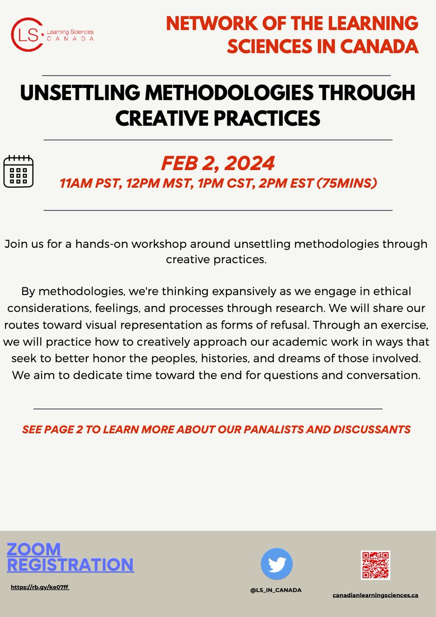 LS_in_Canada's tweet photo. We are happy to announce our upcoming panel discussion titled: Unsettling Methodologies Through Creative Practices on February 2, 2024, at 11 a.m.-12:15 p.m. PST, 12-1:15 p.m. MST, 1-2:15 p.m. CST, 2-3:15 p.m. EST. 
Registration link: https://t.co/SobnseDoJu https://t.co/KUDxOqNcrB