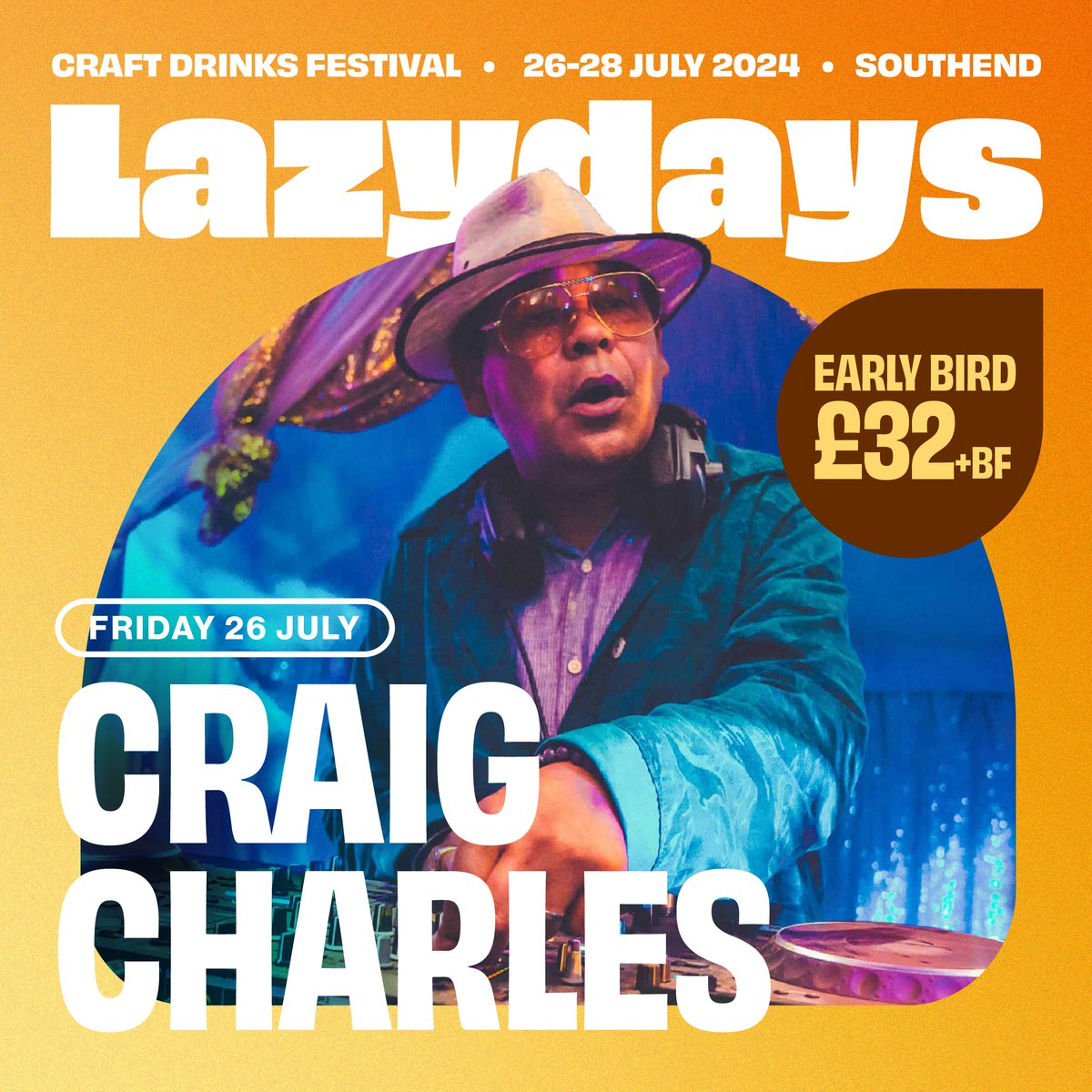 Excited to have the 'Maestro of Funk' <a href="/CCfunkandsoul/">Craig Charles</a>  bringing his funk &amp; soul show to our Friday night session    🤩🕺🏽✨

VERY limited £32 Early Bird tickets remain here ➡️ bit.ly/lazydays-ticke…