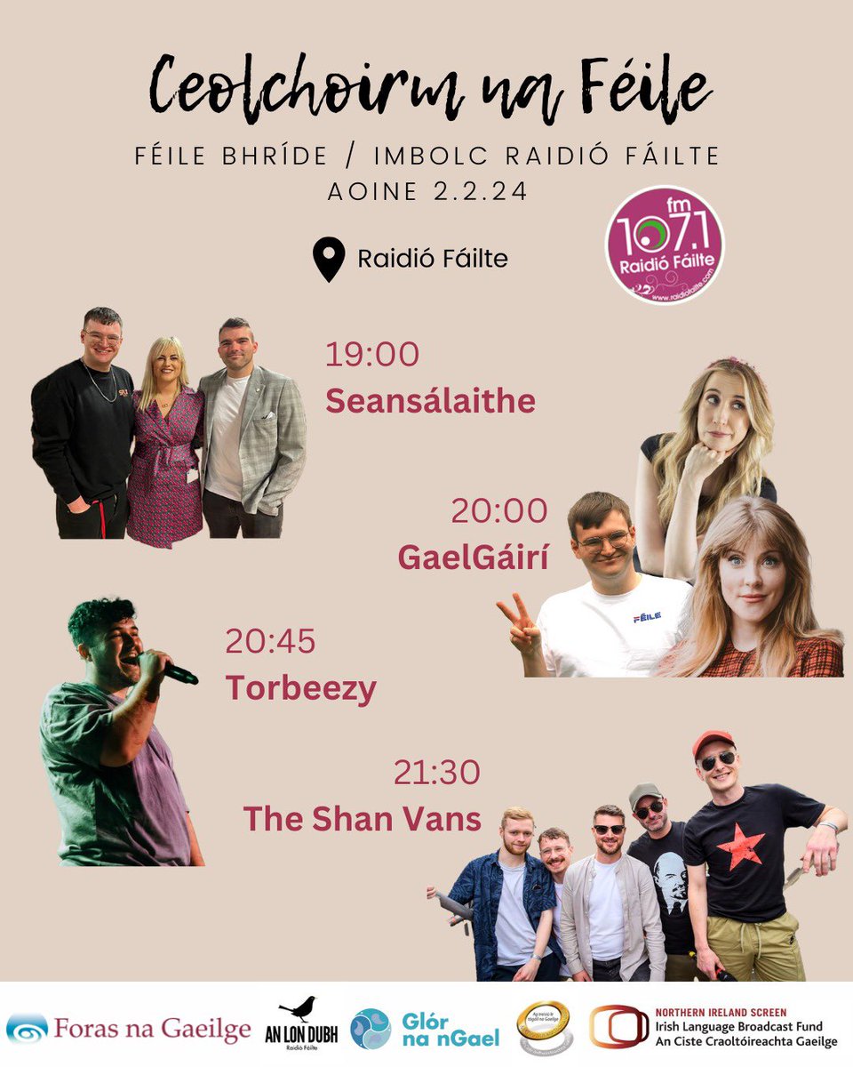Beidh mór-imeacht na féile ag titim amach oíche Aoine, an dara lá de mhí Feabhra, nuair a bheas oíche chraiceáilte againn le podchraoladh, fúirseoireacht agus ceolchoirm na féile againn arís ins an Lonnán ag bun an tí.
Saor in aisce.
Ticéid: linktr.ee/raidiofailte