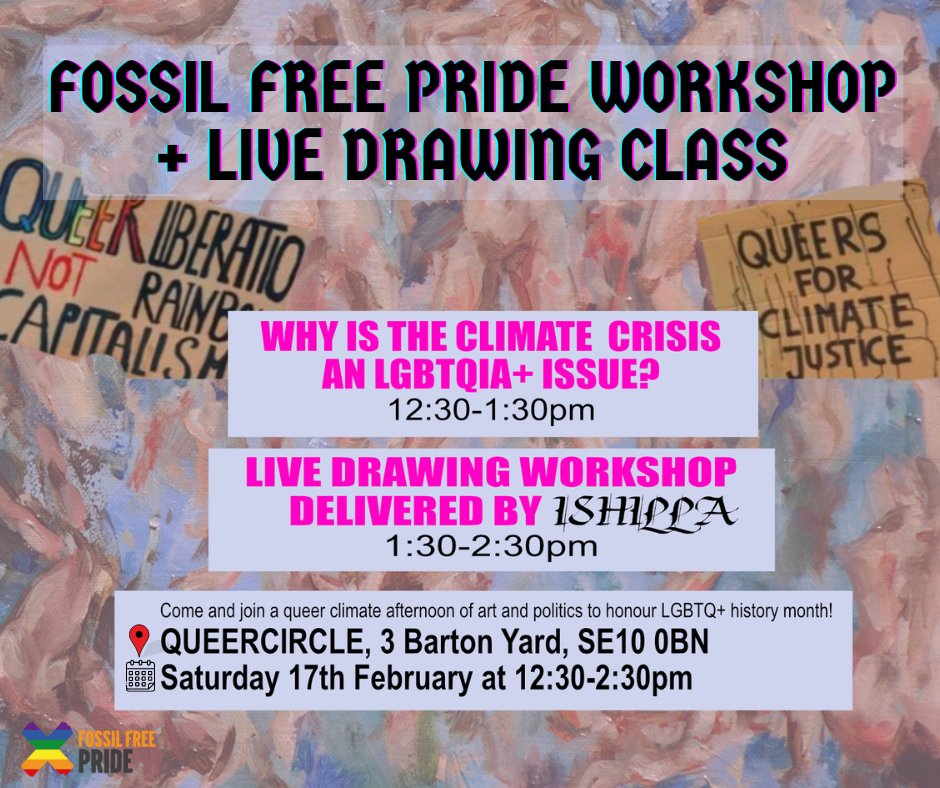 ANNOUNCING our workshop PLUS live drawing class ‼️🎨 We’re bringing you a (free) queer climate afternoon of art + politics for all the climate queers 💚💚 📍Saturday 17th Feb, 12:30-2:30pm 📆 @queercircle, 3 Barton Yard, SE10 0BN Tickets are FREE: eventbrite.com/e/queer-climat…