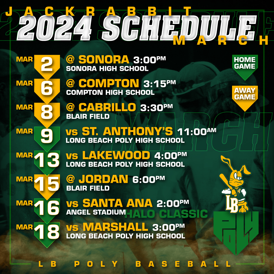 LBPolyBaseball's tweet photo. Here is our official 2024 Varsity Regular Season Schedule!

Mark your calendars and make sure to come out and  support #jackrabbitbaseball your defending Moore League Champs 💚💛🐇🏆💚💛

@562sports @martin_rod

#longbeachpoly https://t.co/Vd5wjdiARU