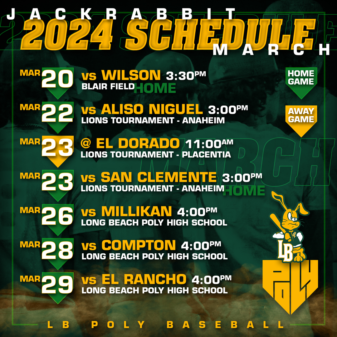 LBPolyBaseball's tweet photo. Here is our official 2024 Varsity Regular Season Schedule!

Mark your calendars and make sure to come out and  support #jackrabbitbaseball your defending Moore League Champs 💚💛🐇🏆💚💛

@562sports @martin_rod

#longbeachpoly https://t.co/Vd5wjdiARU