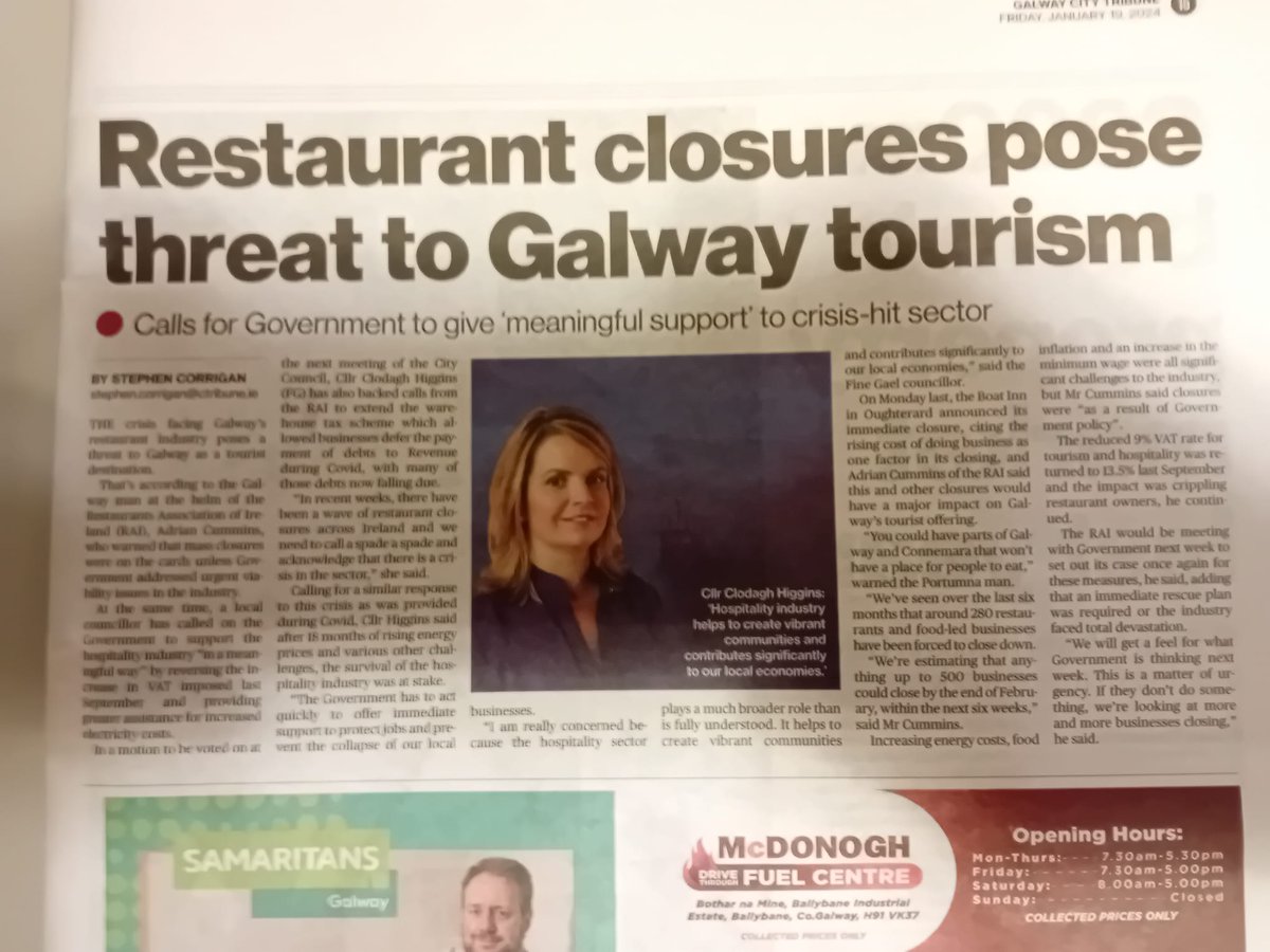 Cllr. Clodagh Higgins (@clohiggins) on Twitter photo Big thank you to Minister <a href="/nealerichmond/">Neale Richmond</a> for his continued engagement with me regarding my concerns for the hospitality sector.
Check out article from a few weeks ago <a href="/CTribune/">Connacht/CityTribune</a> for details on my motion.
All Councils need to stand in solidarity with the hospitality sector! Big thank you to Minister <a href="/nealerichmond/">Neale Richmond</a> for his continued engagement with me regarding my concerns for the hospitality sector.
Check out article from a few weeks ago <a href="/CTribune/">Connacht/CityTribune</a> for details on my motion.
All Councils need to stand in solidarity with the hospitality sector!